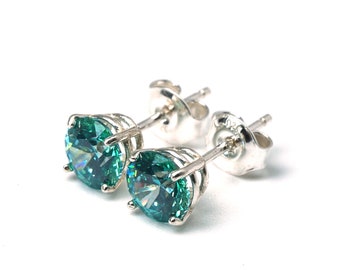 Mint Swarovski Zirconia Earrings - Sterling Silver Brilliant Cut Studs - 6mm round | Turquoise | Black Silver | Energy, Optimism & Serenity