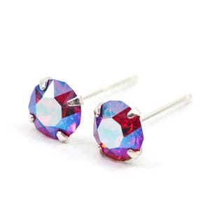 Ruby Red Shimmering Crystal Stud Earrings - Sterling Silver - 5mm round | Dainty Sparkly Earrings | Womens Earrings Gift | Single/ Pair