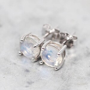 Rainbow Moonstone Ear Stud Earrings - Rhodium plated 925 Sterling Silver  - 6mm round | Womens Mens Unisex | Minimal | June Birthstone |