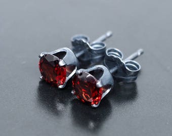 Dark Red Garnet on Black Oxidized 925 Sterling Silver Ear Stud Earrings - 5mm Round | Natural January Gemstone Jewelry | Single or Pair