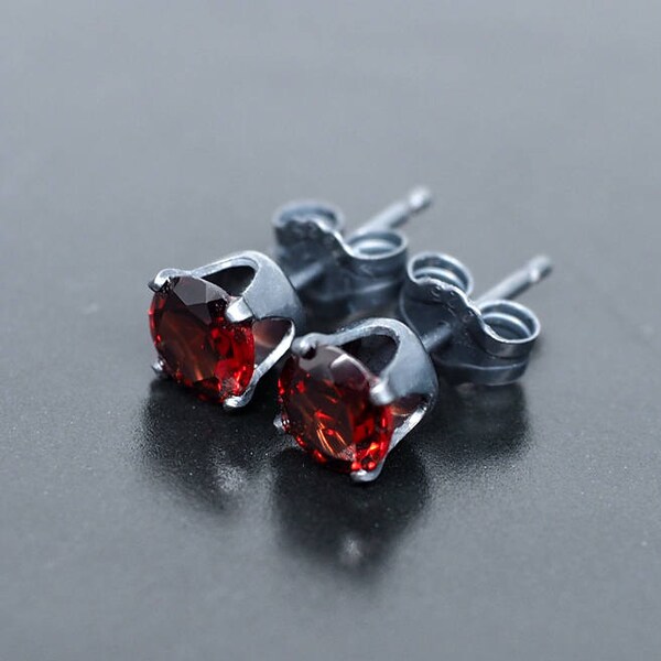 Dark Red Garnet on Black Oxidized 925 Sterling Silver Ear Stud Earrings - 5mm Round | Natural January Gemstone Jewelry | Single or Pair
