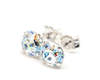 Weißer Meteorit Kristall Swarovski - Sterling Silber Ohrringe - 5mm 6mm 8mm rund, Galaxy, Regenbogen, Brautjungfer Hochzeit, Ohrringe für Sie