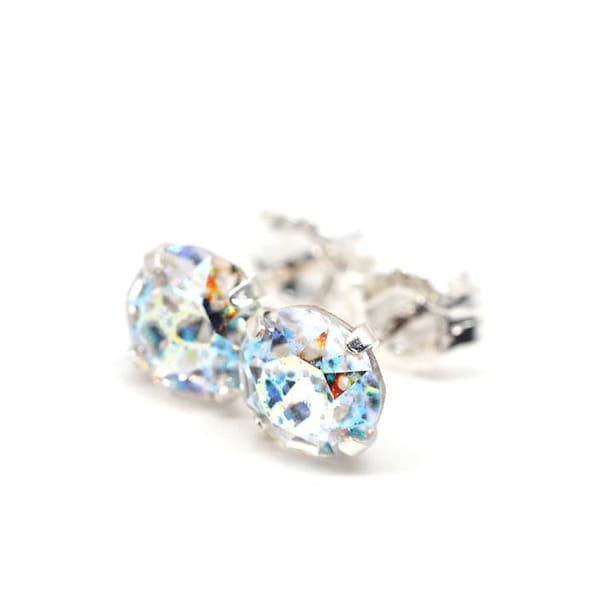 Cristal de meteorito blanco Swarovski - Pendientes de plata de ley - 5 mm 6 mm 8 mm redondo, galaxia, arco iris, boda de damas de honor, pendientes para ella