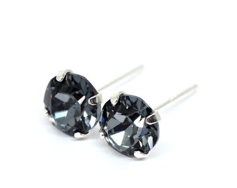 Midnight Black Swarovski Crystal Sterling Silver Stud Earrings - 5mm, 6mm round | Womens Mens Unisex | Single/ Pair | Flat Circle Ear Studs