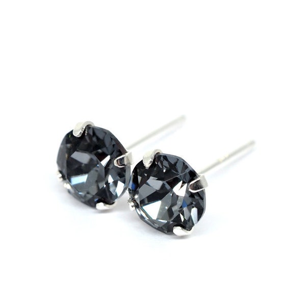 Midnight Black Swarovski Crystal Sterling Silver Stud Earrings - 5mm, 6mm round | Womens Mens Unisex | Single/ Pair | Flat Circle Ear Studs