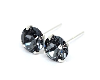 Midnight Black Swarovski Crystal Sterling Silver Stud Earrings - 5mm, 6mm round | Womens Mens Unisex | Single/ Pair | Flat Circle Ear Studs