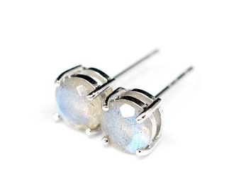 Labradorite Round Rhodium 925 Sterling Silver Ear Stud Earrings - 6mm Round | Mens Womens Unisex | Flashy Gemstone Earrings | Birthday Gift