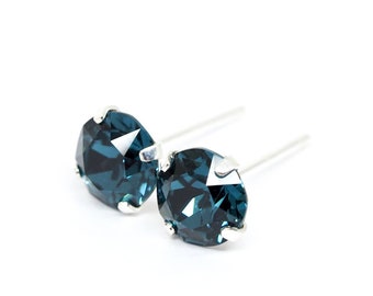 Midnight Blue Swarovski Crystal 925 Sterling Silver Earrings - 5mm, 6mm round | Unisex Women Men Agender | Single/ Pair | Flat Circle Studs