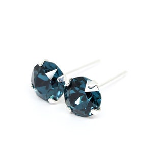 Midnight Blue Swarovski Crystal 925 Sterling Silver Earrings - 5mm, 6mm round | Unisex Women Men Agender | Single/ Pair | Flat Circle Studs