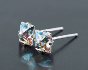 White Rainbow "Meteorite" Pyramid - Swarovski Crystal Stud Earrings - Sterling Silver - 6mm Square - Single Piece/Pair