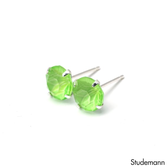 Highlighter Green - Matt Bold Green , Crystal Earrings - Sterling Silver - 8mm round , 80's 90's Studs , Retro Green , Stationery and School