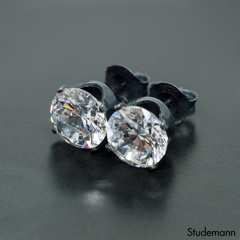 Black Sterling Silver Ear Stud Earrings White Diamond Simulant Mismatched Mens Earrings Cubic Zirconia CZ 4,6,8mm Round Single
