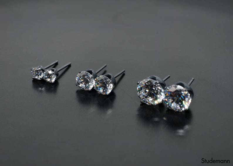 Black Sterling Silver Ear Stud Earrings White Diamond Simulant Mismatched Mens Earrings Cubic Zirconia CZ 4,6,8mm Round Single