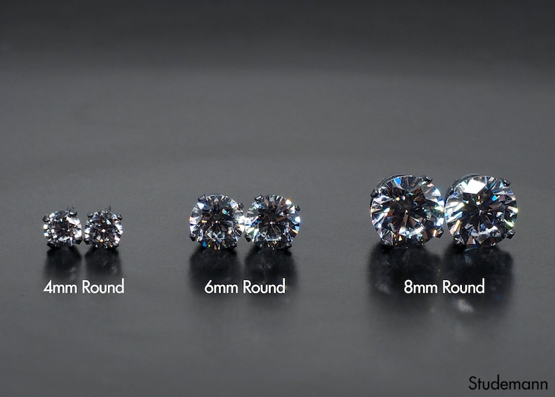 Black Sterling Silver Ear Stud Earrings White Diamond Simulant Mismatched Mens Earrings Cubic Zirconia CZ 4,6,8mm Round Single