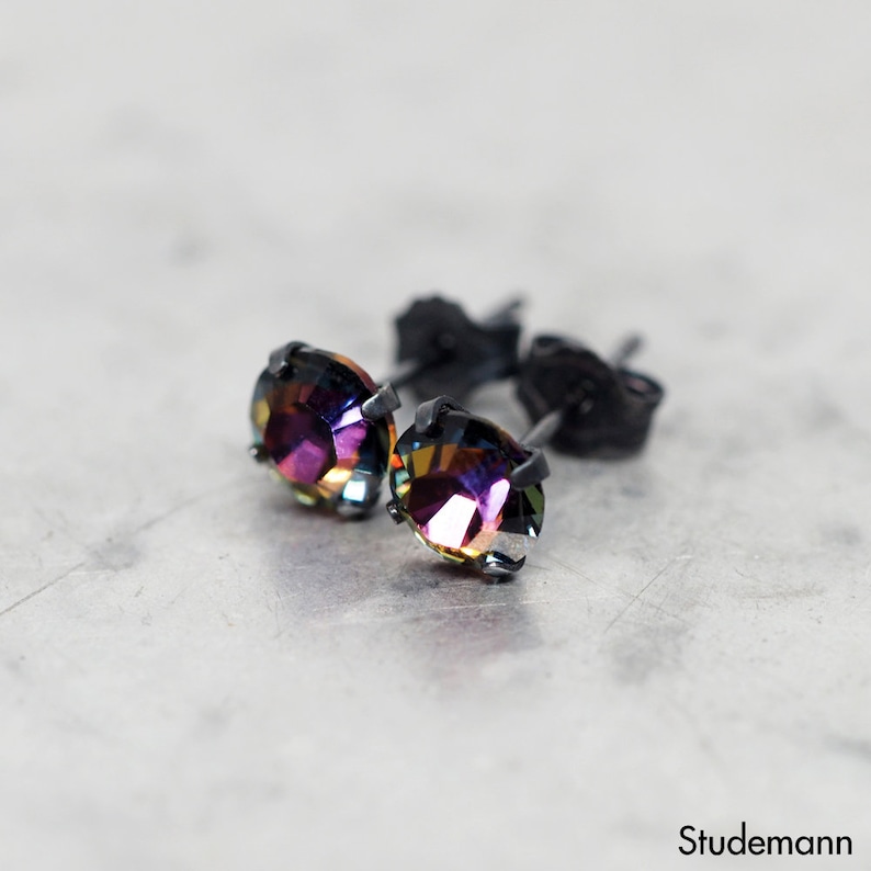 Volcano Swarovski Crystal Ear Stud Earrings 925 Sterling Silver Black Oxidized Earrings 6mm 8mm Round Single or Pair Galaxy 6 Millimeters