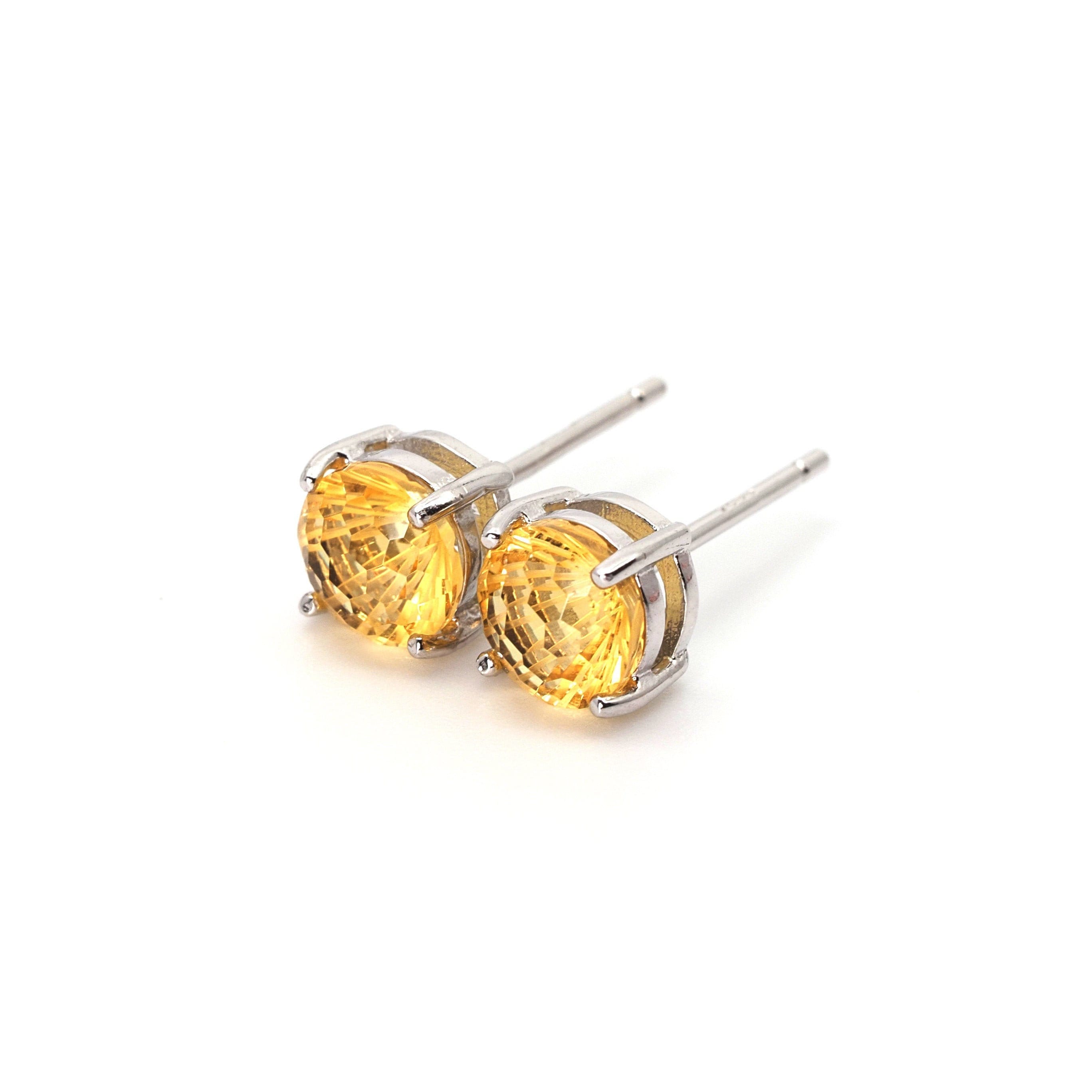Citrine Concave Ear Stud Earrings - Rhodium 925 Sterling Silver - 6mm round | Concave Gemstone Earrings | November Studs | Women Stone Studs