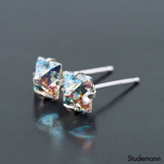 Millenia stud earrings, Square cut, Black, Ruthenium plated | Swarovski