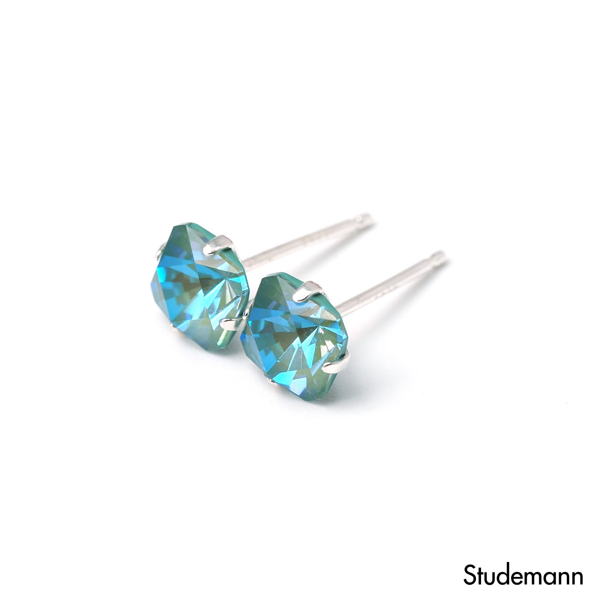 Sage Green - Kaleidoscope Geometric Crystal Stud Earrings - Sterling Silver - 6mm Square | Swarovski | Light Green Earrings