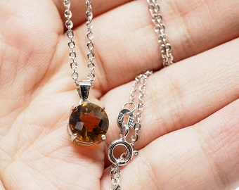 Citrine Whiskey Quartz Pendant Chain Necklace - Rhodium 925 Sterling Silver - 8mm Round | Checkered Gemstone Pendant | Semi Precious Pendant