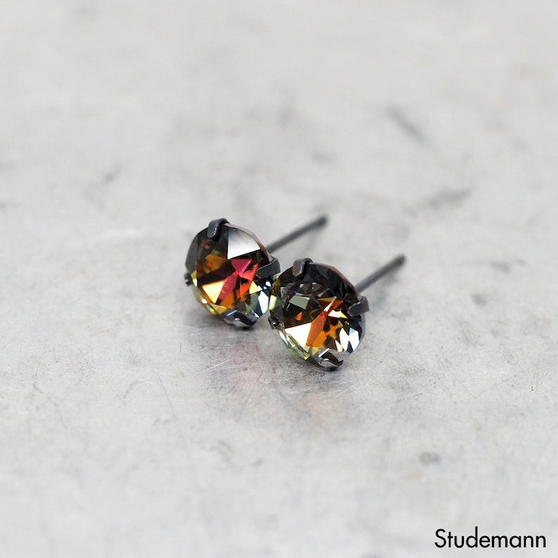 Volcano Swarovski Crystal Ear Stud Earrings 925 Sterling Silver Black Oxidized Earrings 6mm 8mm Round Single or Pair Galaxy image 2