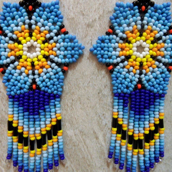 Mexican Huichol Earrings Blue Orange Flower