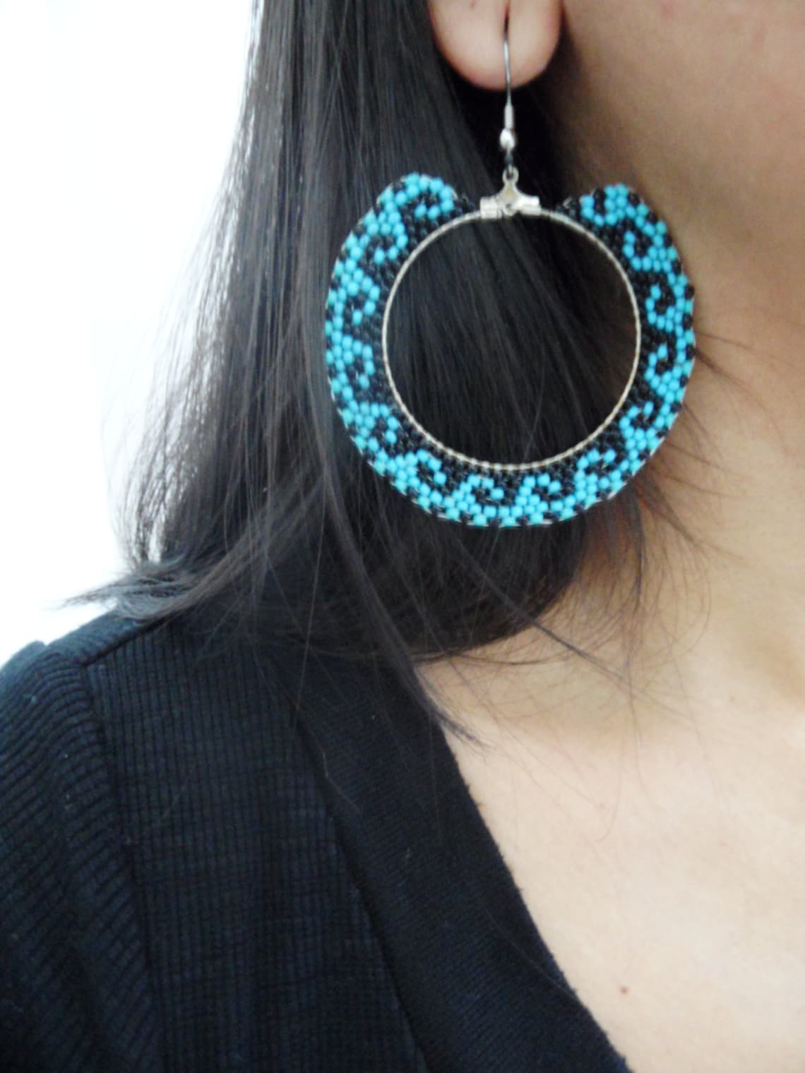Seed Bead Hoop Earrings White and Black Free Shipping Etsy