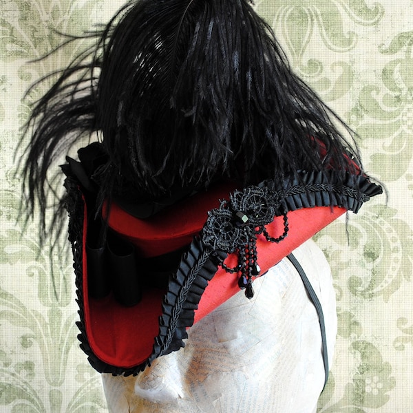Rococo Mini Tricorn Hat in Red & Black,Gothic Marie Antoinette Hat,Baroque Costume Tricorn Hat with Ostrich Feather-Custom-Made to Order
