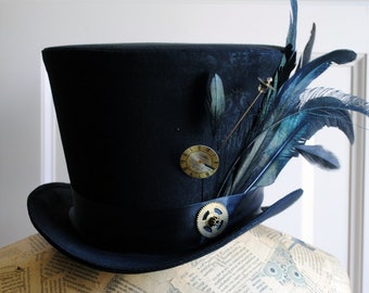 Mad Hatter Top Hat,Steampunk Full Size Costume Hat with Feathers,Burning Man Hat,Gothic Top Hat,Full Size Top Hat,Custom-Made to Order