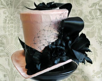 Gothic Lolita Mini Top Hat,Pink & Black Floral Fascinator,Alice in Wonderland,Gothic Mini Top Hats,Kentucky Derby Hat-Made to Order