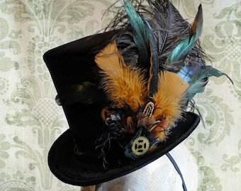 Steampunk Ladies Top Hat,Black Victorian Ridding Hat for WOMEN,Steampunk Fascinator,Mini Top Hat with Feathers,Burning Man Hat-Made to Order