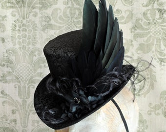 Black Victorian Mini Top Hat with Flowers,Gothic Fascinator Hat with Raven Wing,Halloween Costume,Edgar Allan Poe Ladies Hat-Made to Order