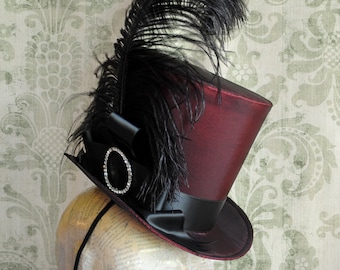 Victorian Ladies Top Hat,Gothic Burgundy Top Hat for WOMEN,Black,Blue,Burlesque Top Hat with Ostrich Feathers,Mini Top Hats-Made to Order