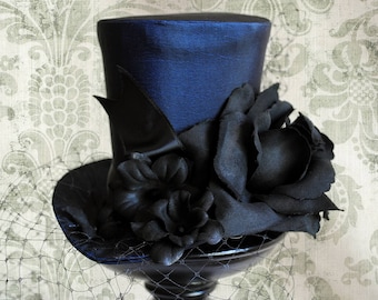 Gothic Mini Top Hat,Victorian Fascinator with Veil,Dark Blue Cocktail Hat,Ladies Hat with Flowers,Gothic Lolita Mini Hat-Made to Order