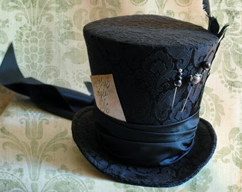 Gothic Mad Hatter Top Hat,Black Perching Ladies Top Hat with Train,Alice in Wonderland Cosplay Hat for Women,Halloween Costume-Made to Order