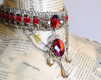 Royal Elizabethan Choker with Crystals,Gold & Red Velvet Gothic Choker,Vampire Choker,Tudor Costume,Victorian Gothic Jewelry-Made to Order
