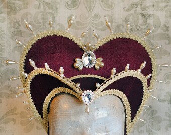 Tudors Headdress,Royal Renaissance Headpiece,Burgundy & Gold Attifet,Elizabethan Costume Headdress,Gothic Headpiece-Made to Order