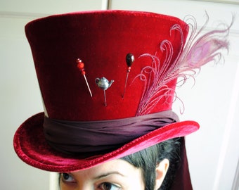 Red/Purple Mad Hatter Hat,Customizable Velvet Top Hat,Full Size Top Hat,Steampunk Top Hat,MENS HATS,Alice in Wonderland-Custom-Made to Order