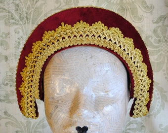 Red Velvet French Hood with Golden Lace,Tudors Headdress,Gothic Lolita Headpiece,Renaissance Costume,Gothic Halo-Made to Order