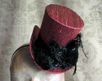 Gothic Mini Top Hat,Edgar Allan Poe Fascinator with Raven,Halloween Mini Hat with Crow,Black,Purple,Blue,Burgundy,Dusty Pink-Made to Order