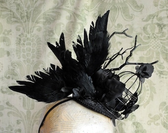 Gothic Fascinator with Raven,Black Crow Victorian Headpiece,Edgar Allan Poe Mini Hat,Halloween,Gothic Headdress-Made to Order