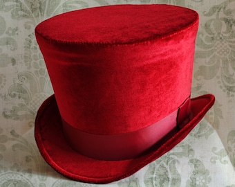 Red Velvet Top Hat,Victorian Full Size Top Hat,Steampunk Top Hat,MENS HATS,Gothic Top Hat in Black, Red or Ivory-Custom-Made to Order