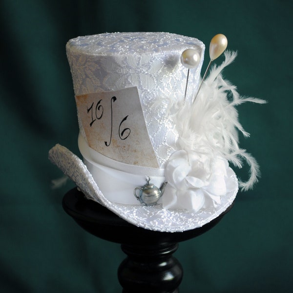 Bridal Mad Hatter Mini Top Hat,Alice in Wonderland Fascinator Hat,Victorian Tea-Party White Mini Top Hat-Custom-Made to Order