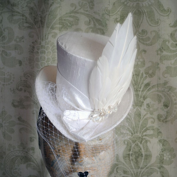 Bridal Mini Top Hat with Angel Wing,Ivory Victorian Mini Hat with Dove Wing &,Bridal Fascinator with Veil,Ladies Wedding Hat-Ready to Ship