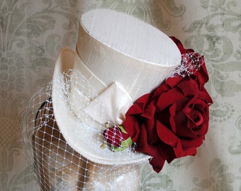 Bridal Mini Top Hat with Veil,Ivory Mini Top Hat with Red Roses,Bridal Fascinator,Cocktail Hat,Spring Wedding,Kentucky Derby-Made to Order