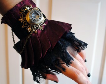 LAST ONE-Burgundy Gothic Wrist Cuff with Pocket Watch,Gothic Lolita Wrist Wrap w/ Lace,Alice in Wonderland,Victorian Tea-Party-Made to Order