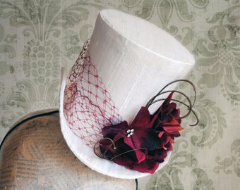 Ivory Bridal Mini Top Hat,Cocktail Hat with Red Flowers & Veil,Spring Wedding Mini Hat,Tea-party Fascinator,Kentucky Derby-Ready to Ship