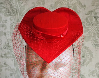 Valentine Mini Hat,Red Heart Shaped Hat with Veil,Christmas Tear-drop Ladies Hat,Retro Bridal Hat,Burlesque Hat,Gothic Wedding-Ready to Ship