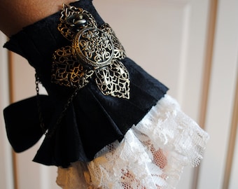 Gothic Wrist Cuff with Pocket Watch,Alice in Wonderland Wrist Wrap,Black Gothic Lolita Cuff with Lace,Victorian Tea-Party-Made to Order