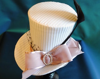 Bridal Mini Top Hat with Pink Bow & Veil,Bridesmaids Fascinator,White Cocktail Hat,Kentucky Derby Hat,Ascot Hat,Ladies Hat-Made to Order