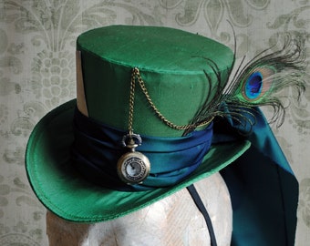 Mad Hatter Mini Top Hat with Pocket Watch,Alice in Wonderland Cosplay,Green Halloween Costume Hat,Victorian Tea-party Hat-Made to Order